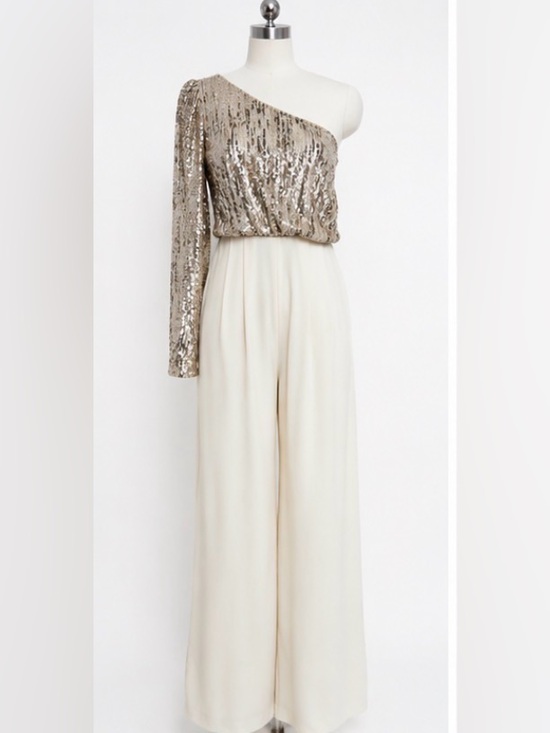Adrianna Papell Pants - Adrianna Papell One Shoulder Sequin Jumpsuit Champagne Ivory Formal Size 6